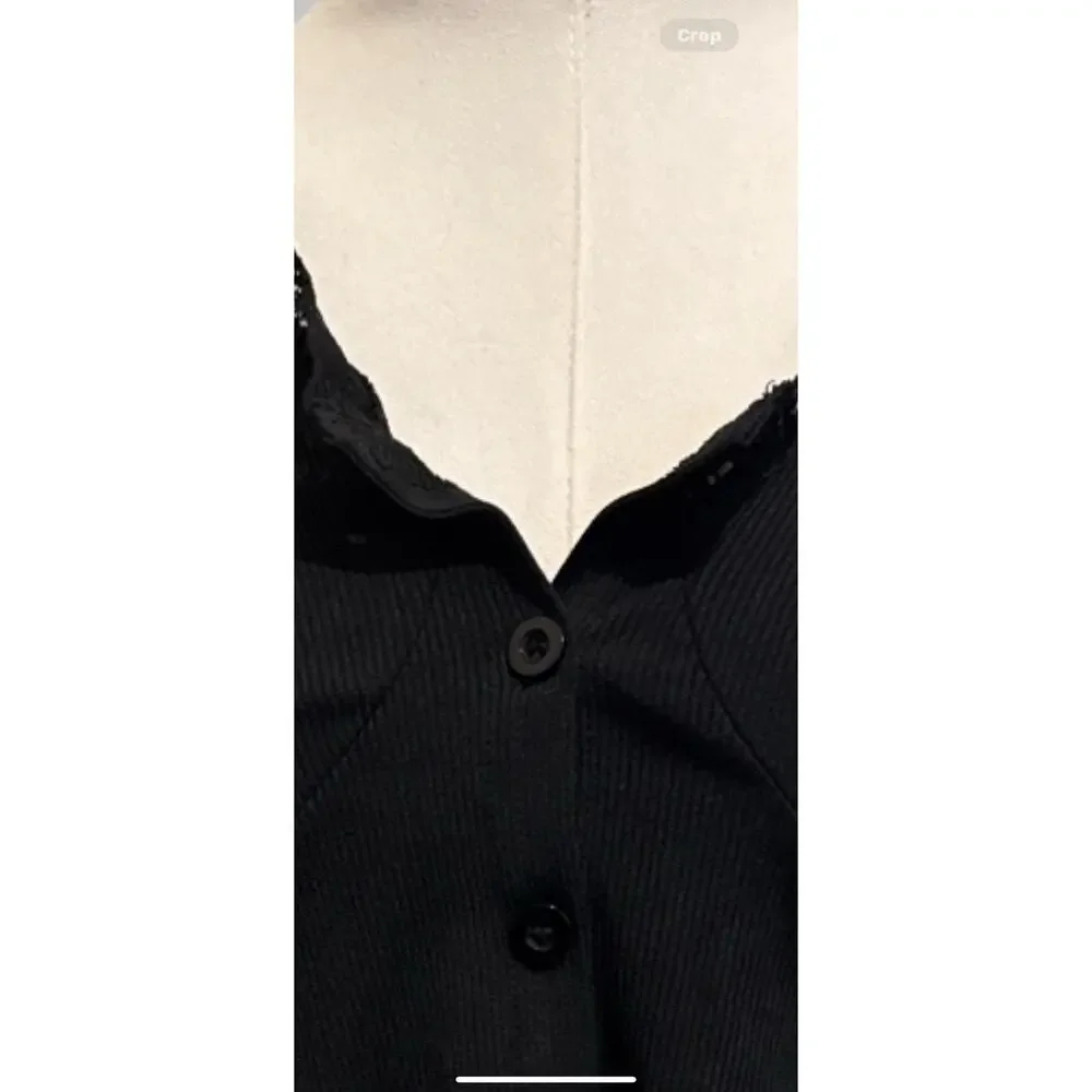 Y2K Black Ribbed Lace Cropped Cardigan Button Up Coquette Fairy Grunge Top L - Picture 3 of 10